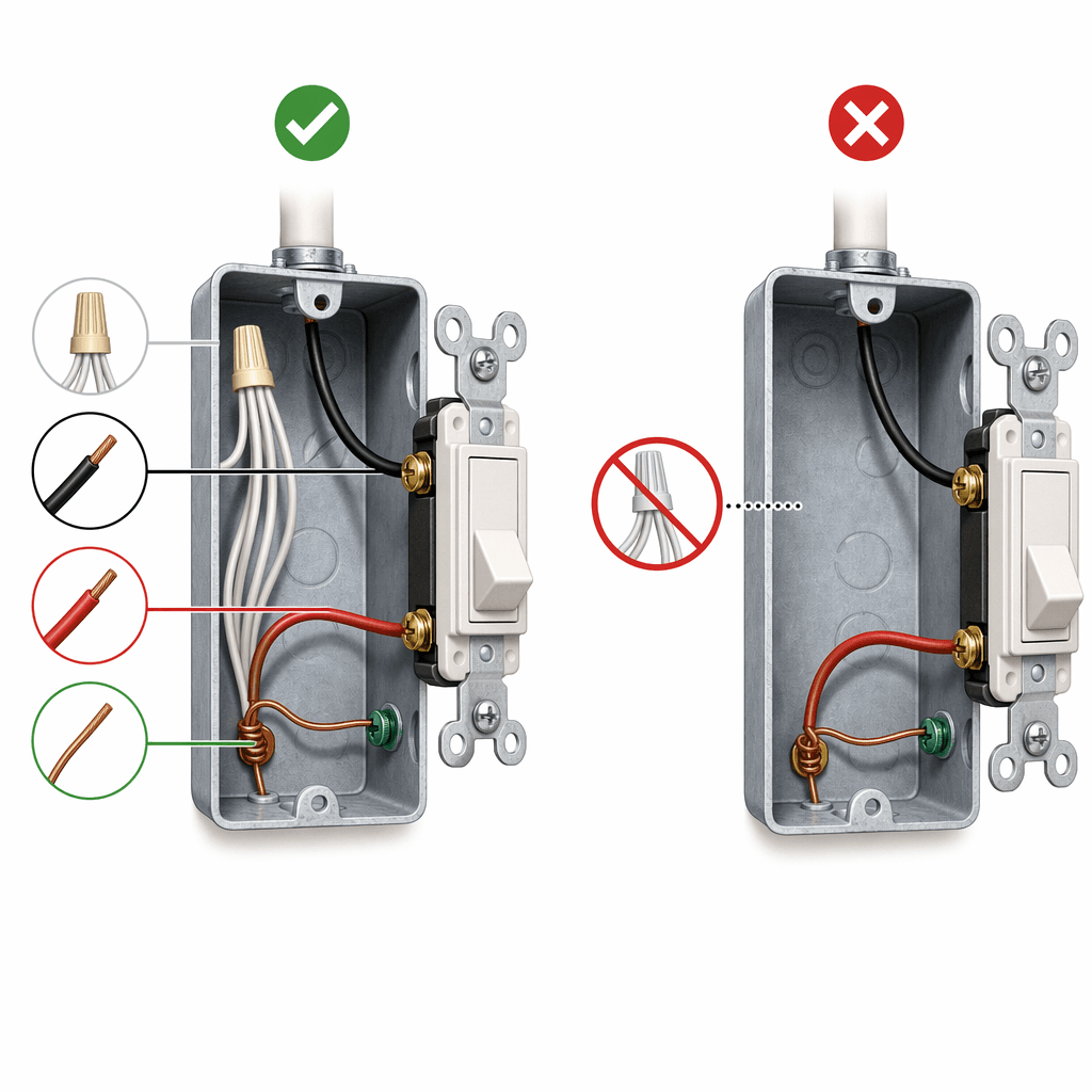 Diagram comparing a modern switch box with neutral wires and an older switch box without a neutral bundle