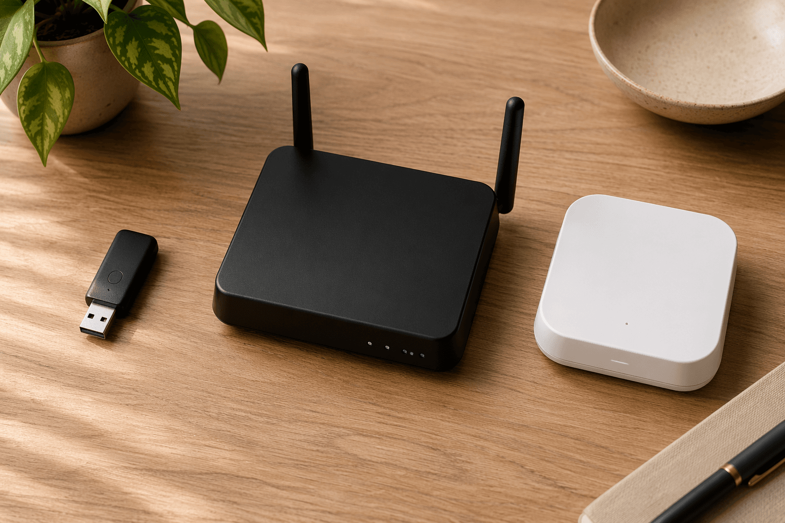 Three Z-Wave controller styles on a desk: USB dongle, antenna hub, and compact multi-protocol hub