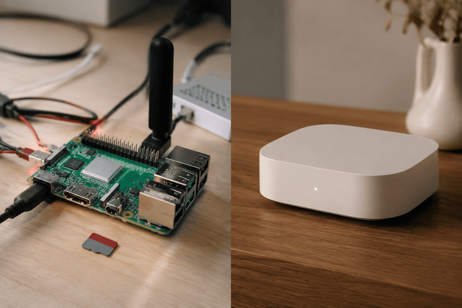 DIY Raspberry Pi 5 hub with USB dongle compared with a sleek commercial smart home hub