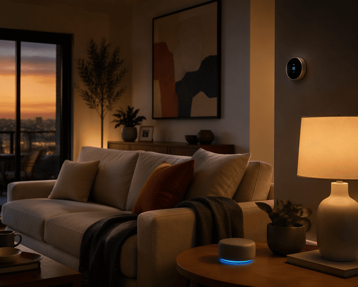 Warm modern living room with a Matter-compatible hub, smart thermostat, and smart lamp