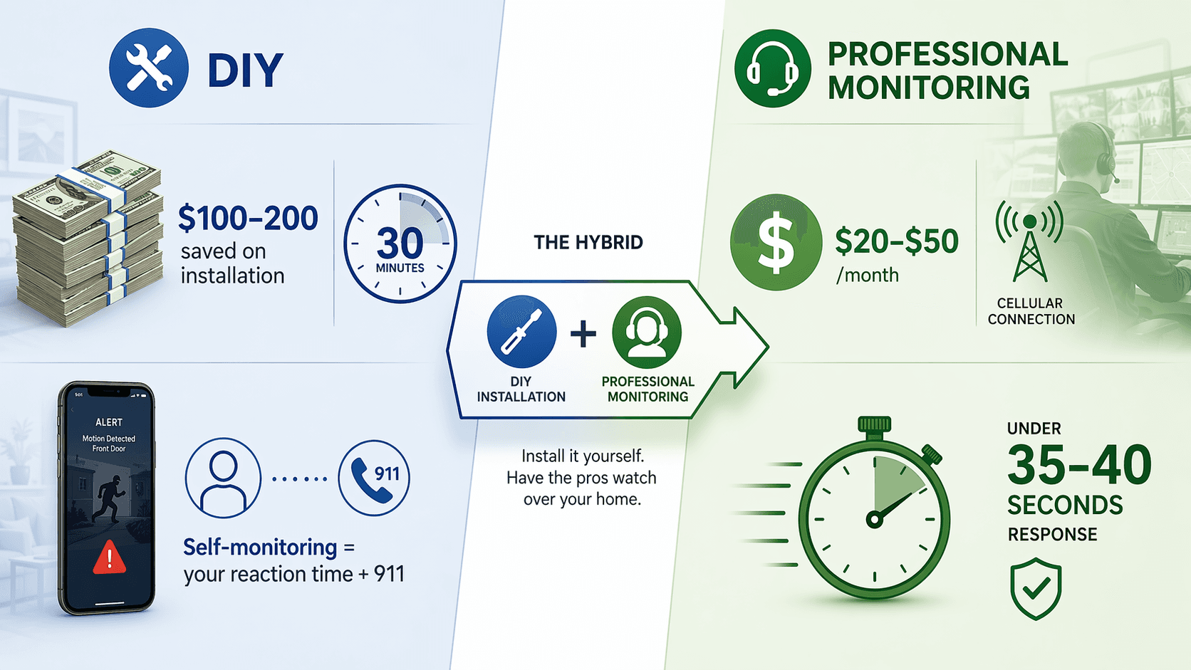 Comparison of DIY savings and phone alerts with professional monthly fees, cellular backup, and faster response