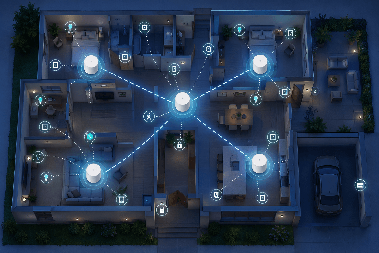 Home floor plan with Wi-Fi 6 and Wi-Fi 6E mesh nodes connected by Ethernet backhaul lines
