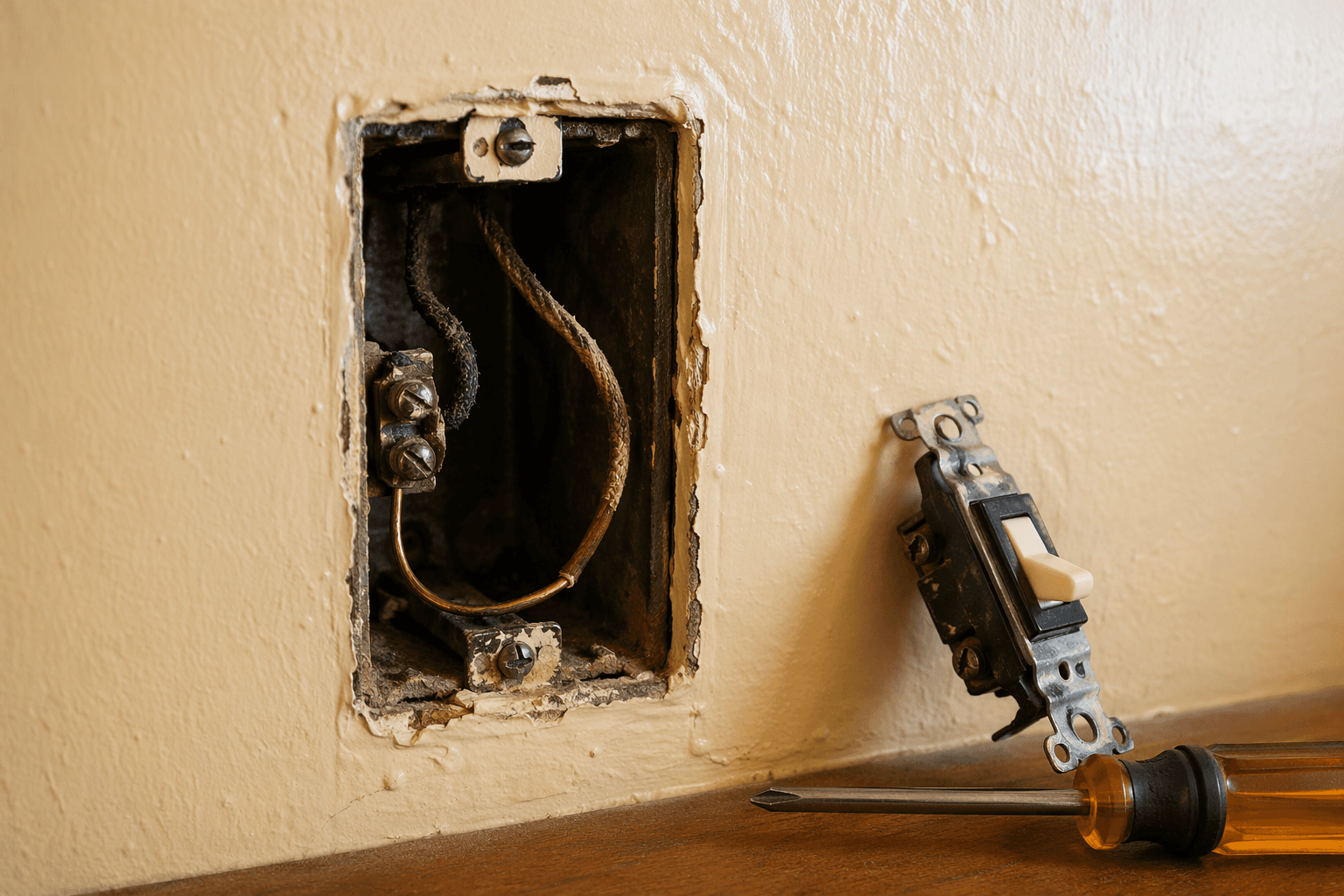 Older switch box with faceplate removed, aged wiring visible, and no neutral bundle present