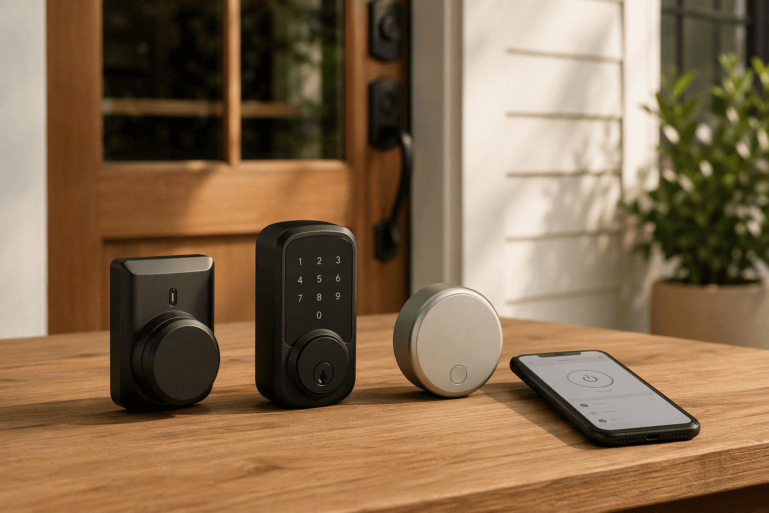 Three smart lock styles beside a smartphone near a front door