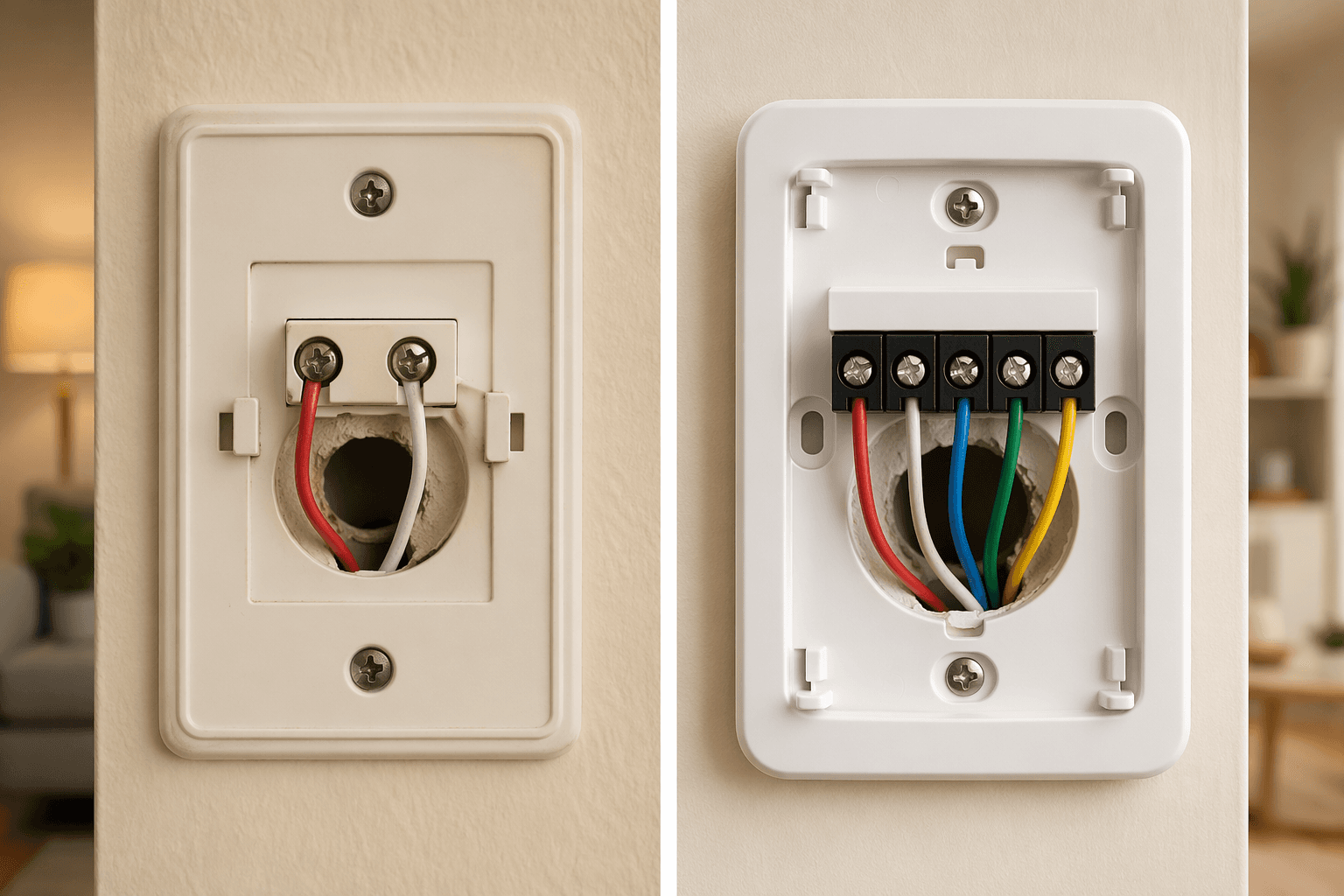 Two thermostat wall plates comparing a minimal two-wire setup with a five-wire setup that includes a C-wire