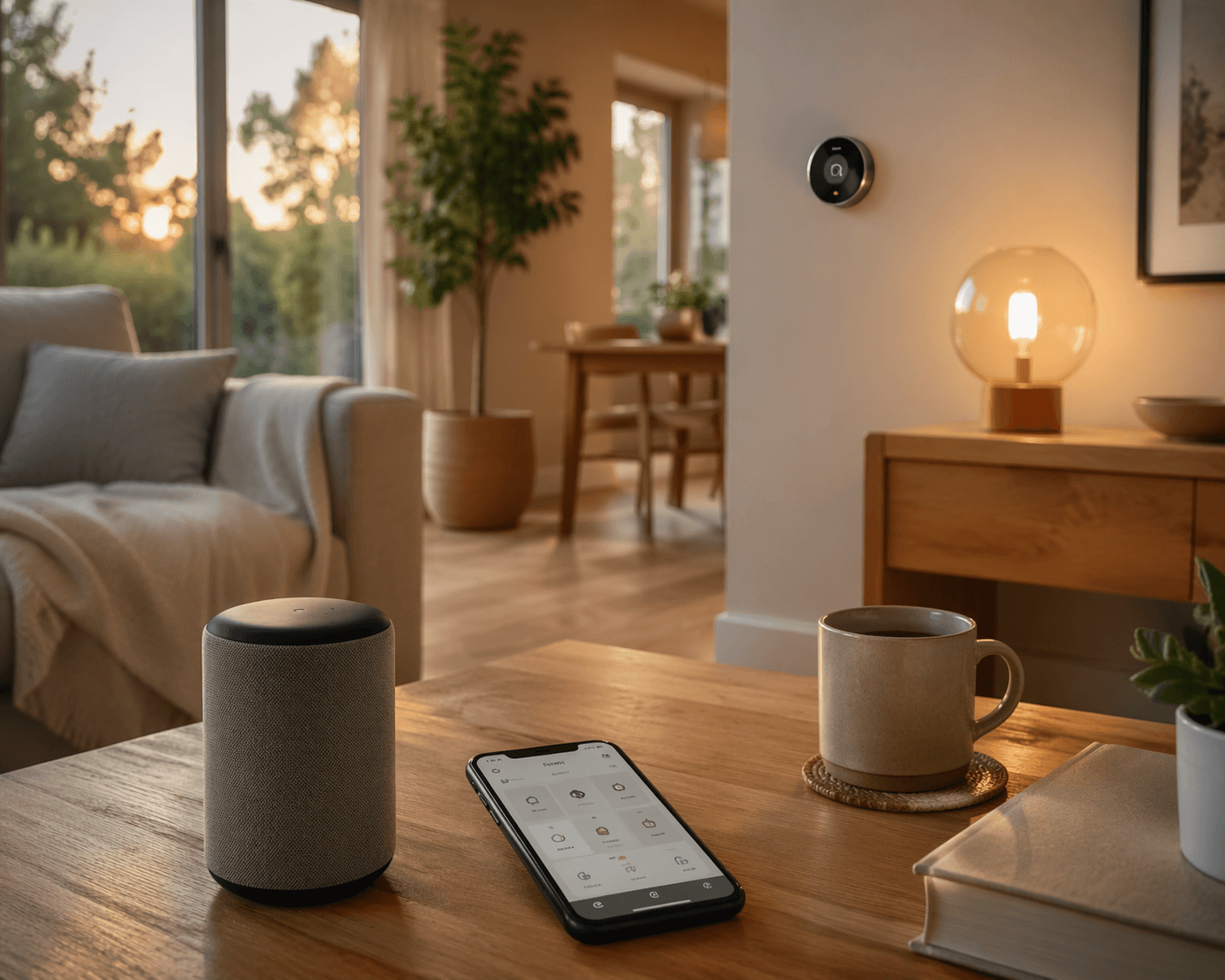 Modern living room with smart speaker, home automation app, smart lamp, and thermostat