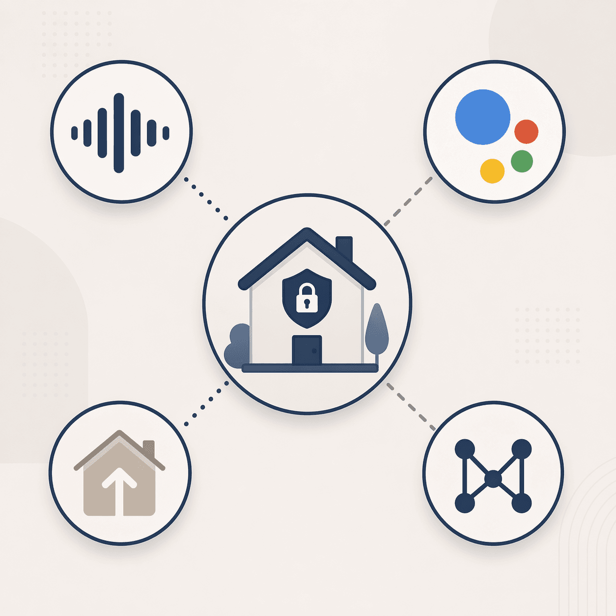 Smart home icon connected to platform symbols showing partial and full ecosystem compatibility
