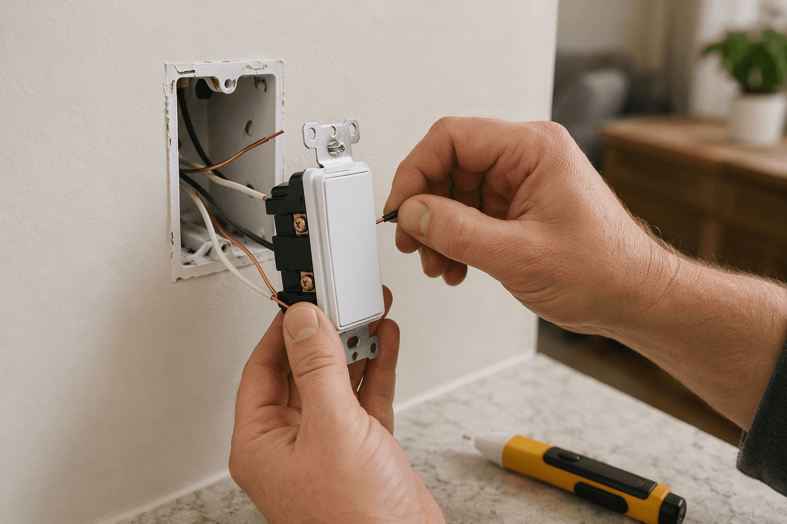 Hands holding a white smart light switch in front of an open wall electrical box with exposed wires and a voltage tester nearby