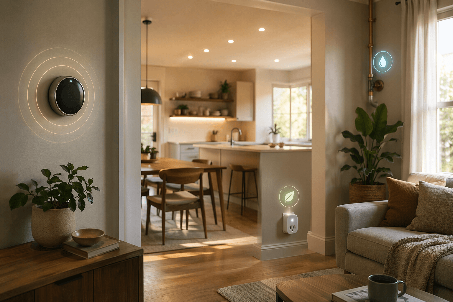 Modern living room with a smart thermostat, LED lamp, and smart plug arranged as energy-saving home devices