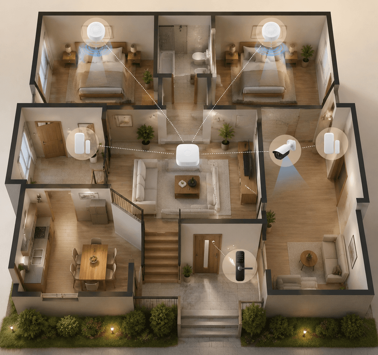 Floor plan showing cameras, contact sensors, smart locks, and mmWave presence sensors by room