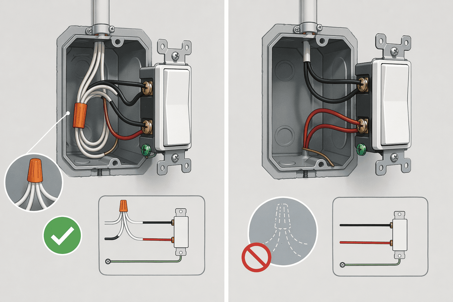 Comparison of a modern switch box with neutral wires and an older switch box without a neutral bundle