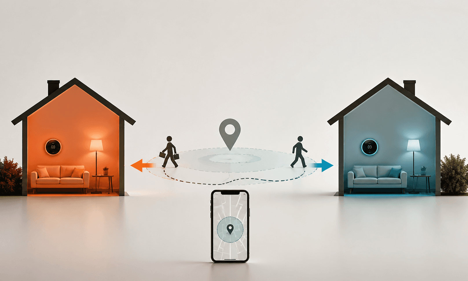 Two house silhouettes showing comfort mode and setback mode connected by geofenced departure and arrival paths
