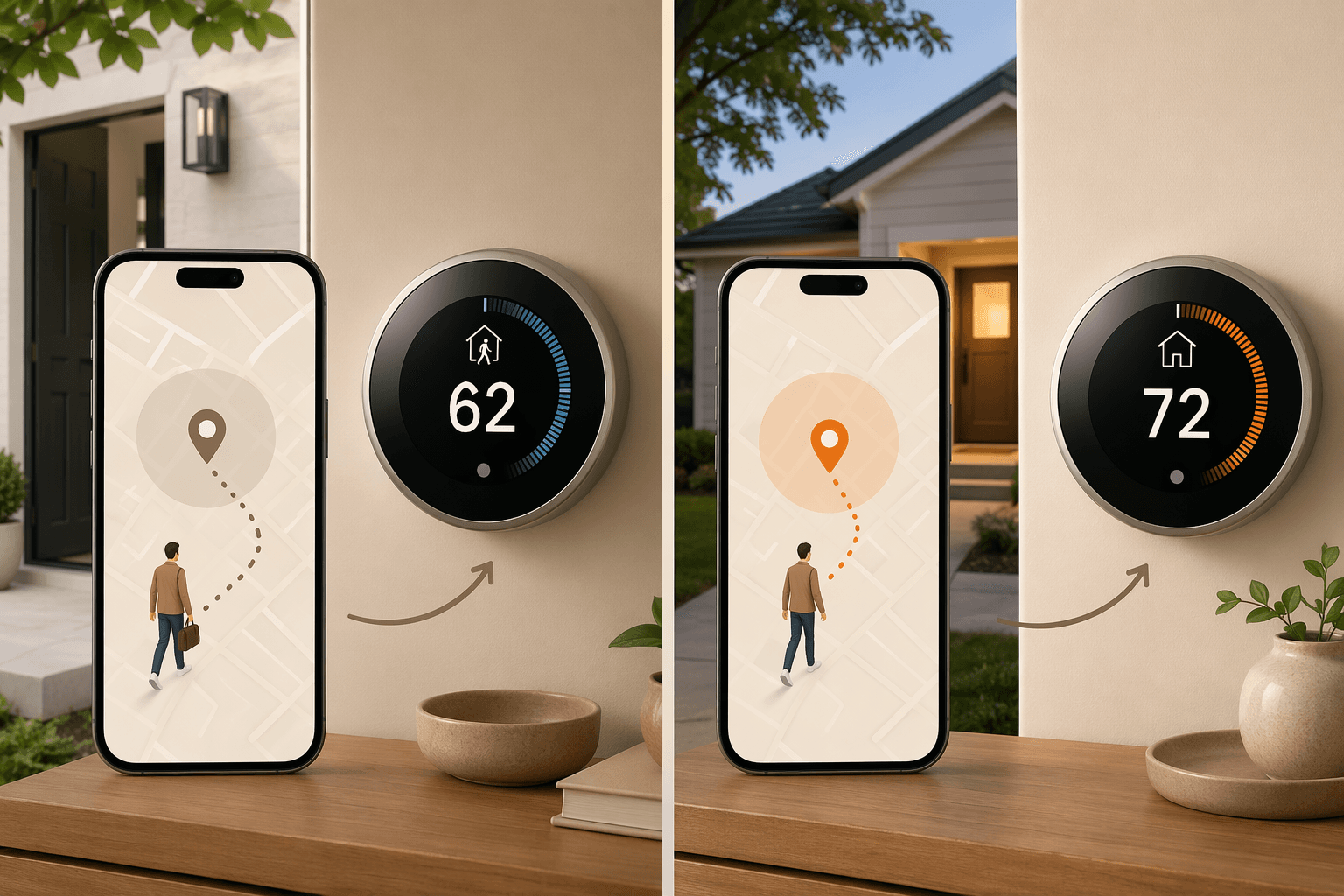 Smart thermostat geofencing showing Away and Home temperature changes based on phone location
