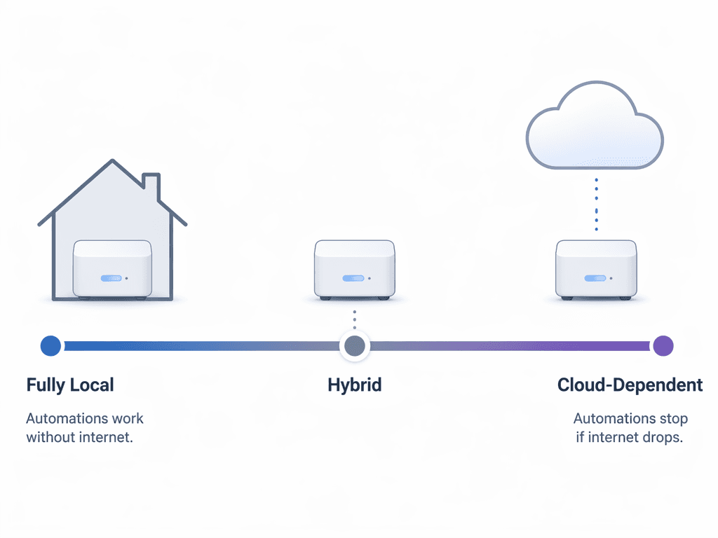 Spectrum showing fully local, hybrid, and cloud-dependent smart home control