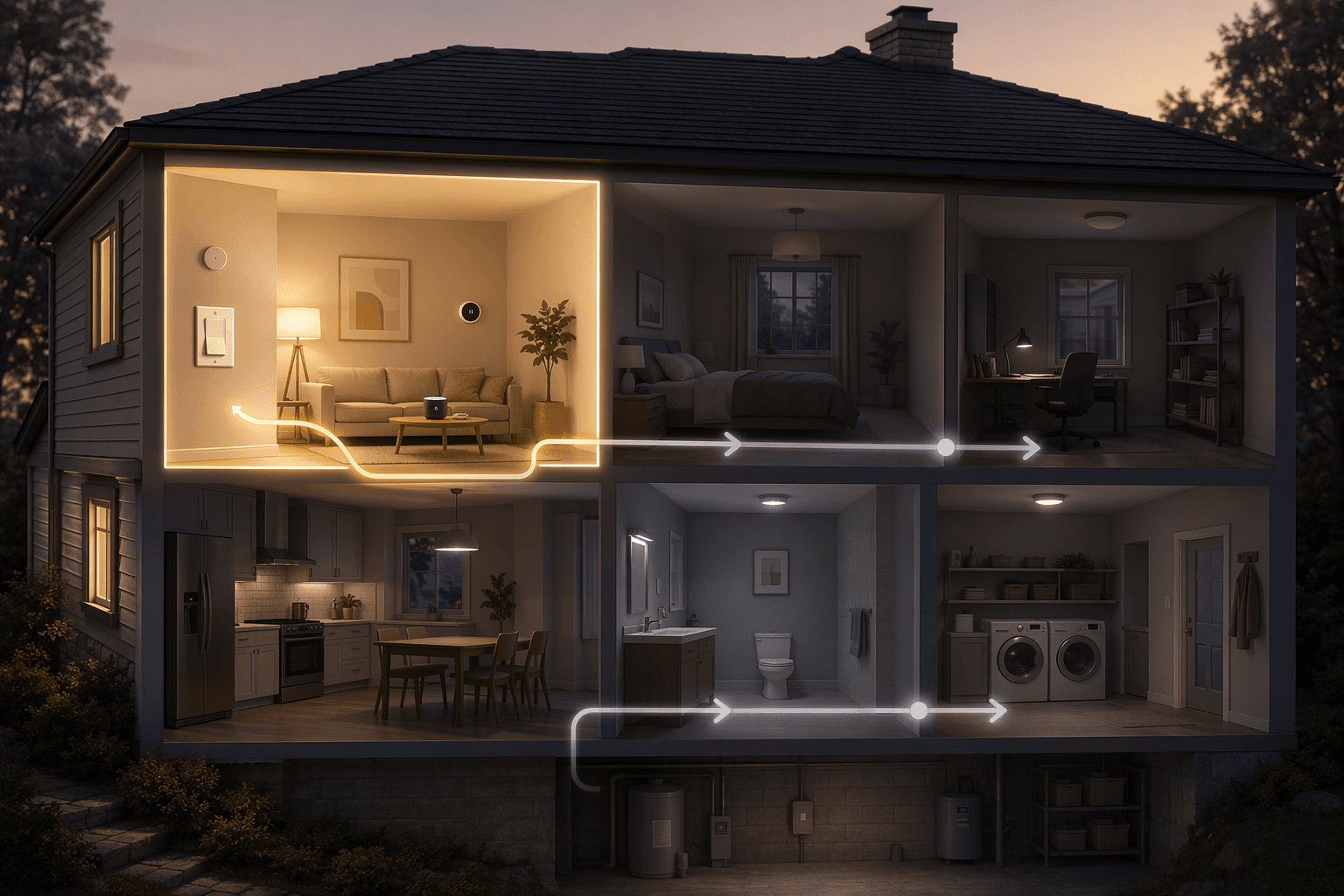 One smart room fully configured while nearby rooms remain less developed to show room-by-room expansion