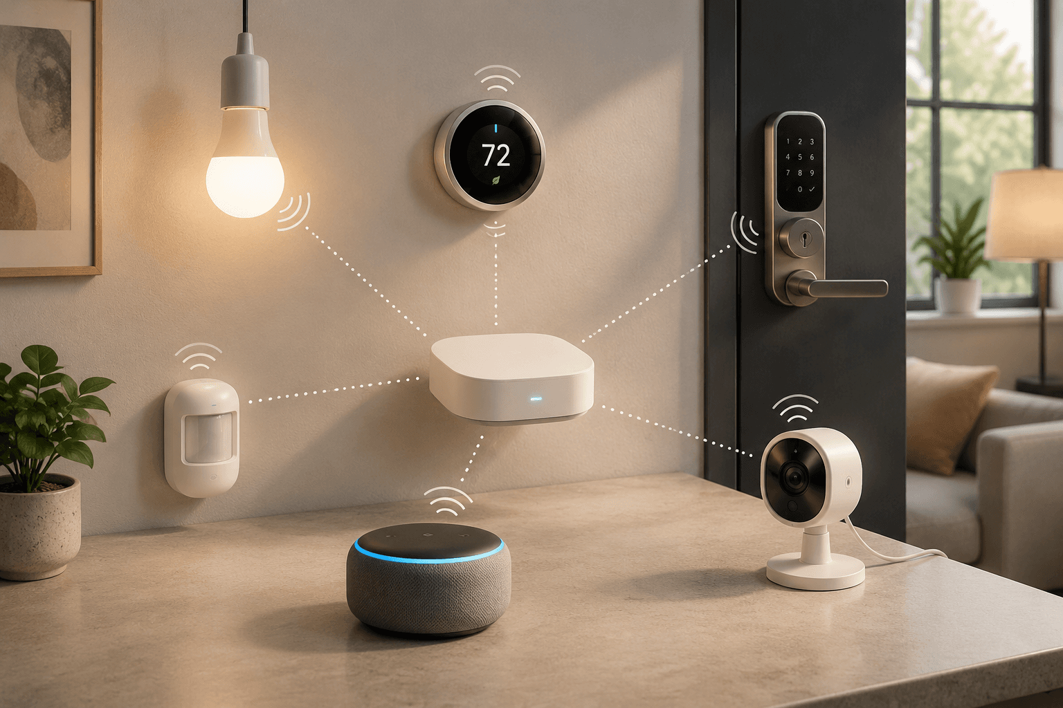 Central smart home hub connecting to lights, thermostat, lock, sensor, speaker, and camera