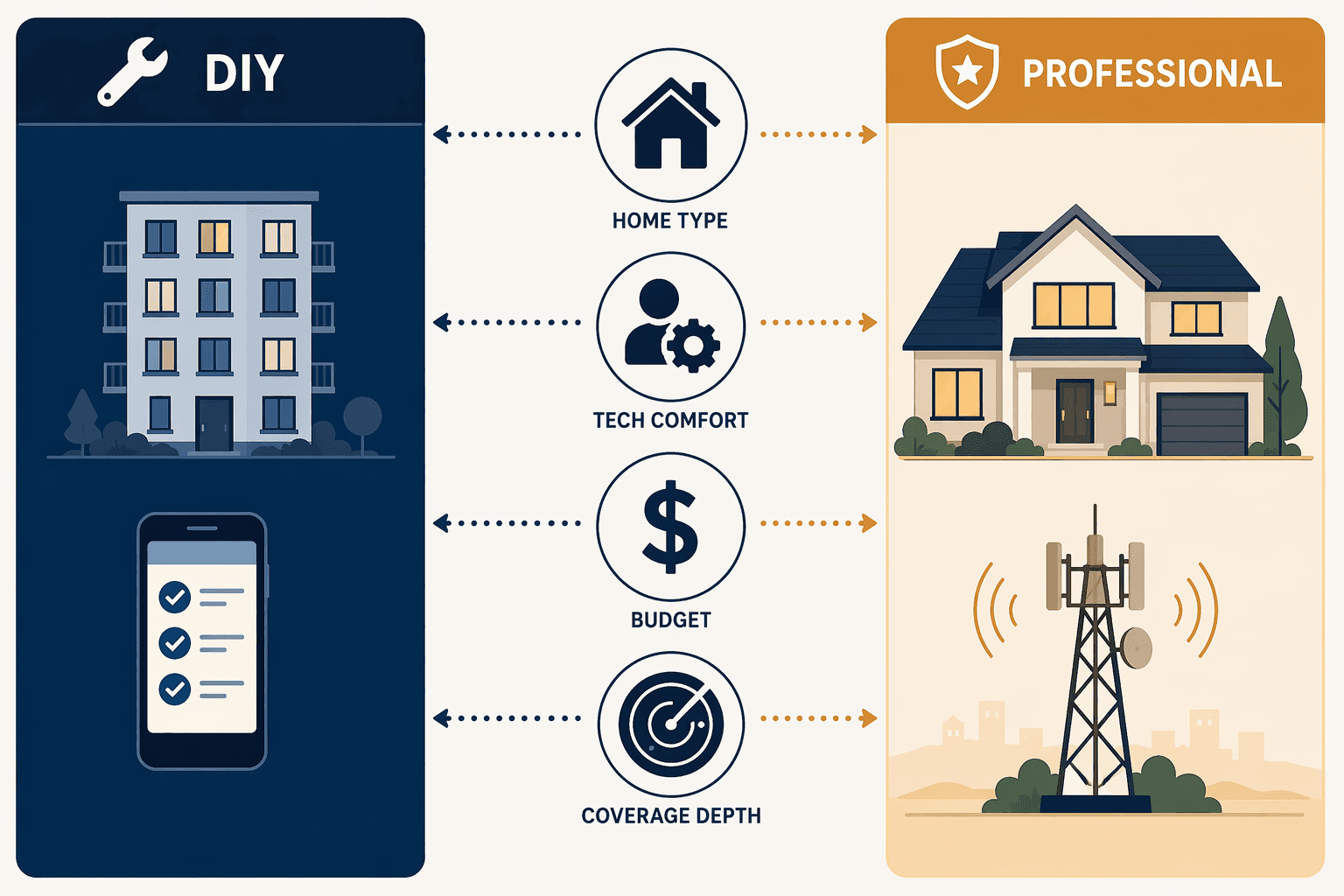 Flat vector decision matrix with two columns: DIY side shows a wrench icon, apartment building, and smartphone; Professional side shows a shield icon, large house, and cellular tower. Central icons represent home type, tech comfort, budget, and coverage depth.