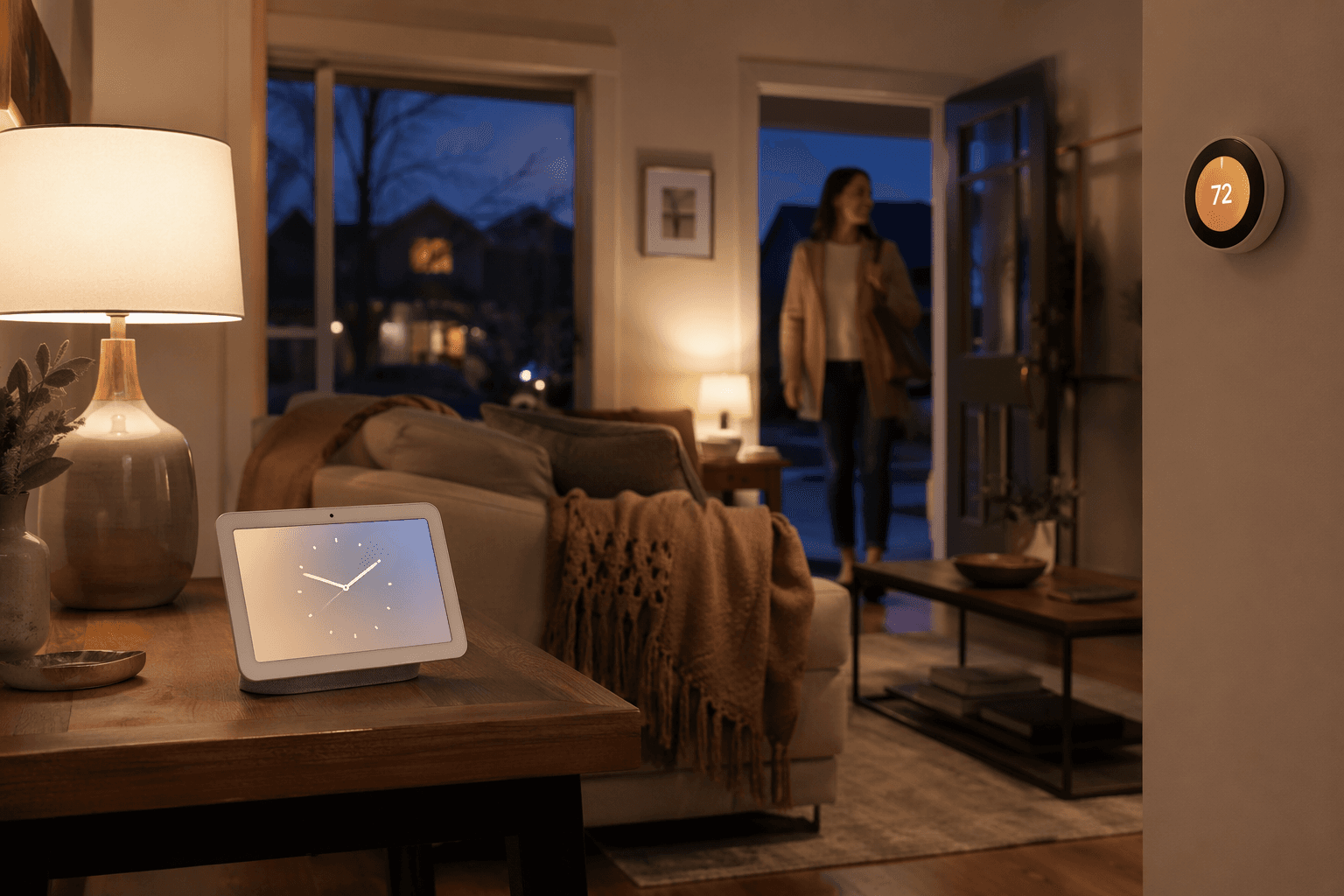 Living room at twilight with lights and thermostat responding as someone enters