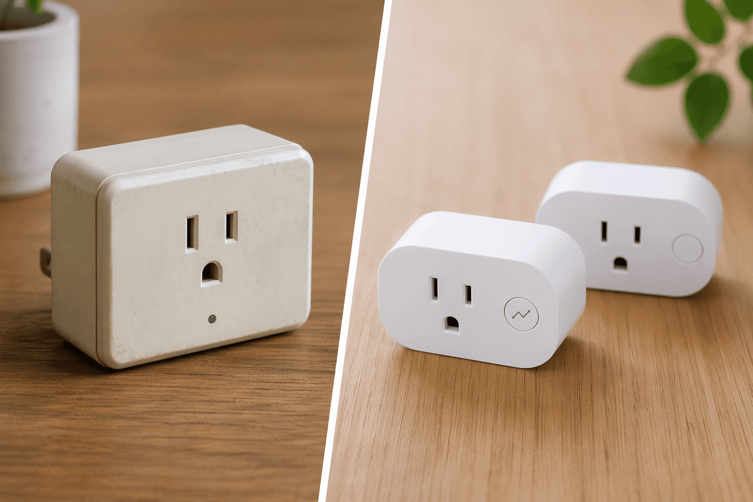 Older bulky white smart plug beside two compact modern white smart plugs