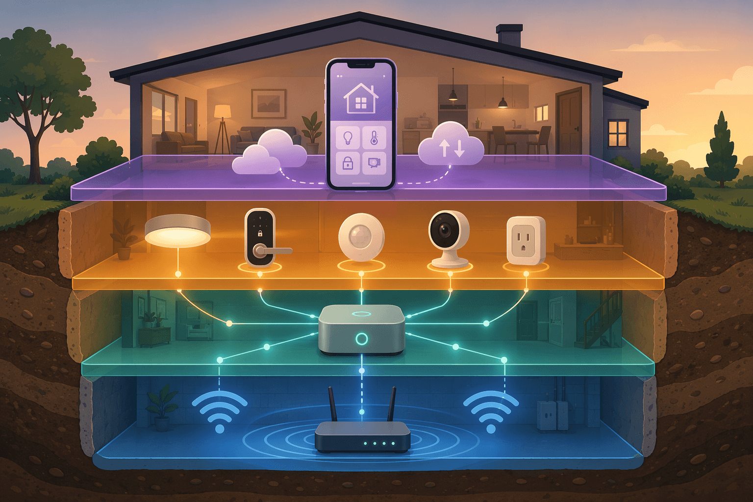 Smart home shown as four diagnostic layers: network, hub, devices, and app cloud
