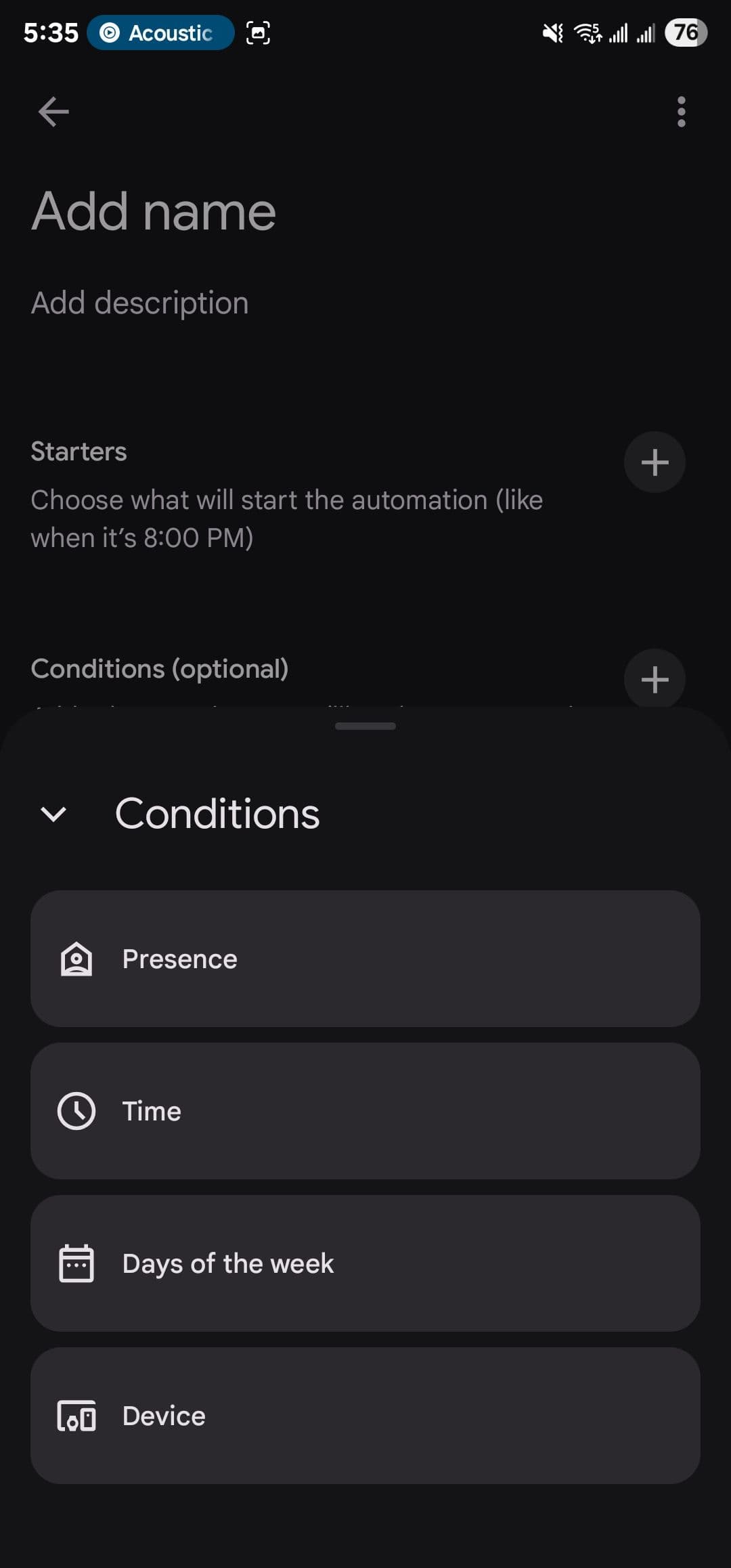 Google Home automation editor on a phone showing presence sensing, device state, and time window conditions.