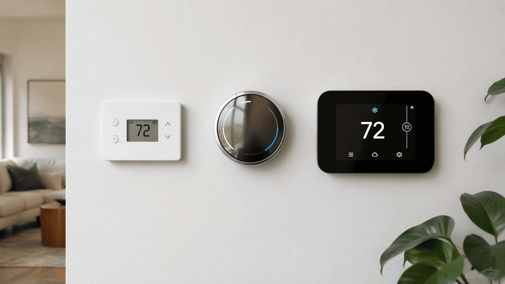 Three smart thermostats side by side showing simple rectangular, round mirrored, and larger touchscreen designs