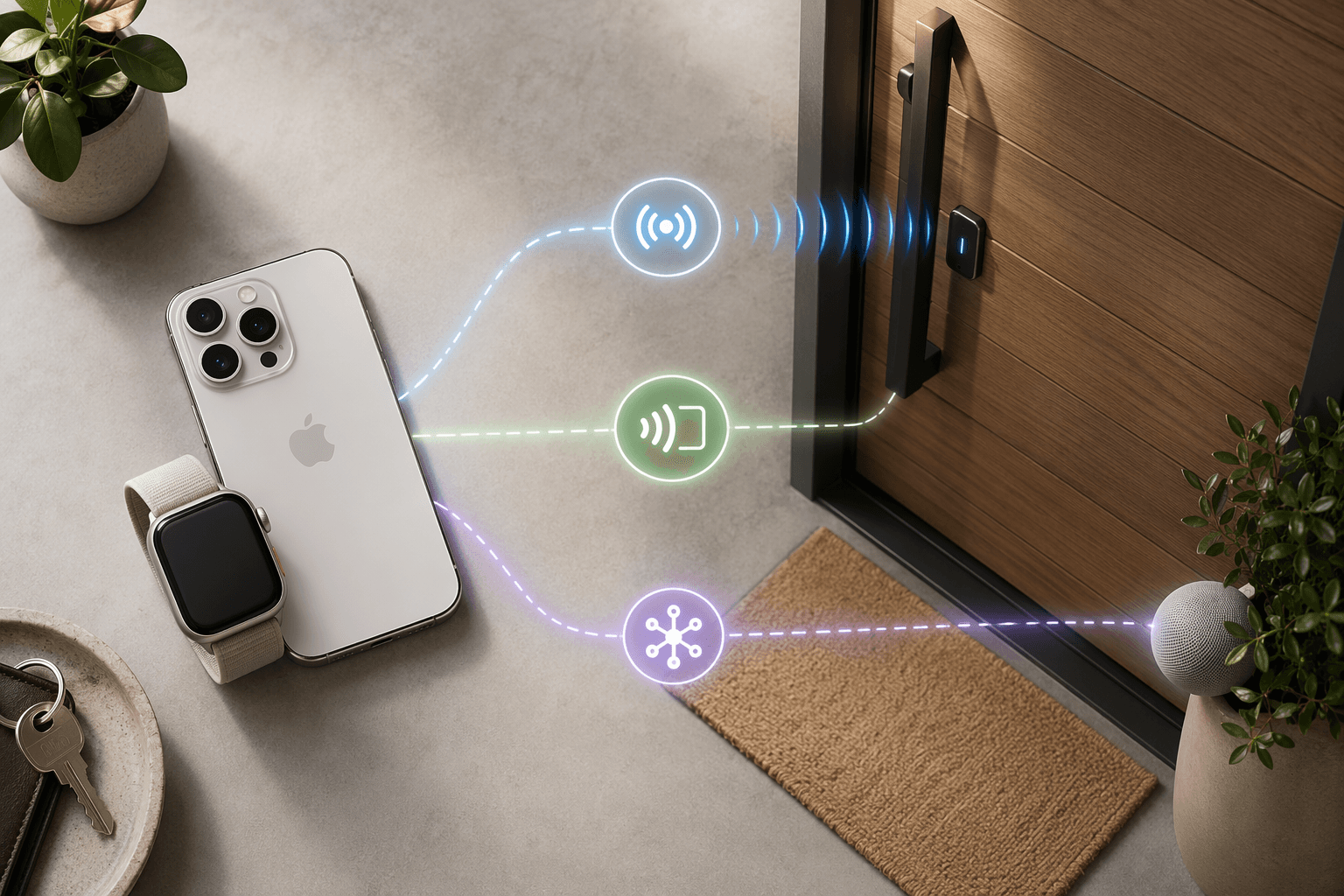 iPhone and Apple Watch near a front door showing UWB hands-free unlocking, NFC tap-to-unlock, and Thread network paths