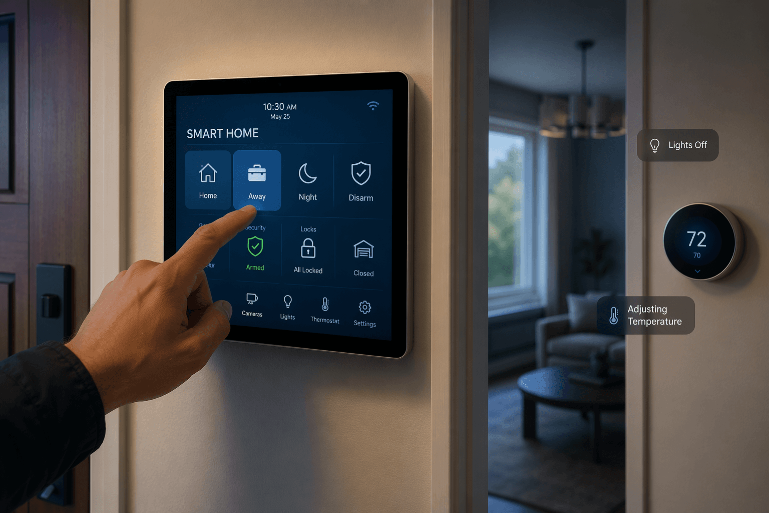 Hand pressing Away on a smart home security panel while thermostat and lights adjust in the background