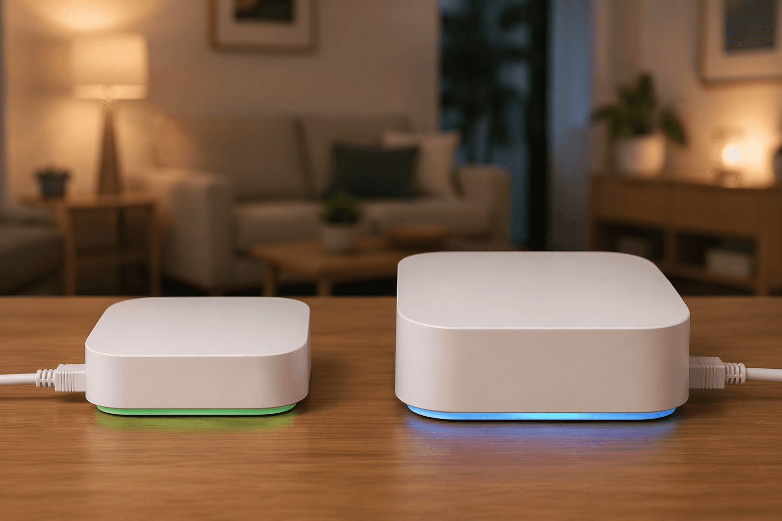 Standard Hue Bridge and Hue Bridge Pro placed side by side on a desk