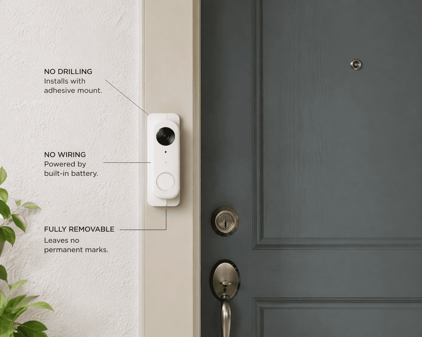 Battery-powered video doorbell mounted on a rental apartment door frame using a no-drill removable bracket