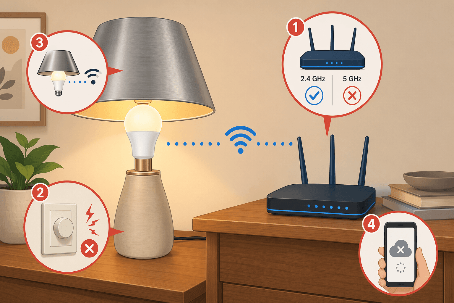 Flat illustration showing a smart bulb in a lamp connected to a router. Four red callout circles: 2.4 GHz checkmark and 5 GHz red X, dimmer switch with red X and flicker icon, metal lampshade with weakened signal icon, smartphone showing 'Device Offline'.