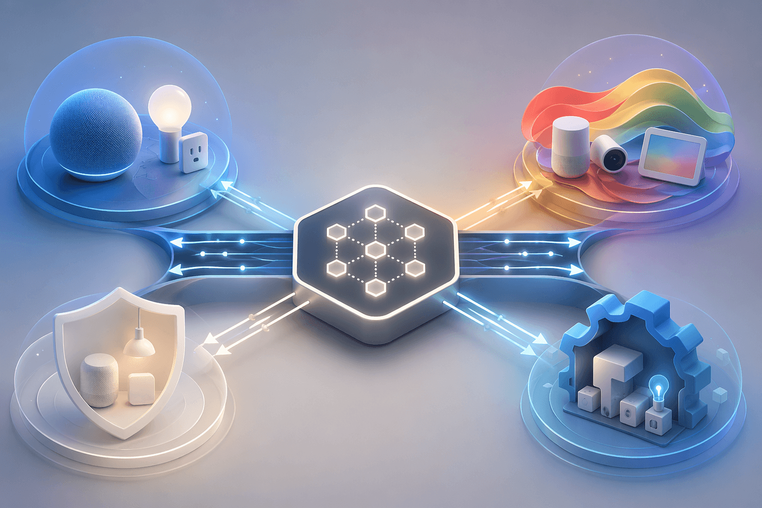 Matter bridge connecting Alexa, Google, Apple HomeKit, and Home Assistant ecosystem spheres