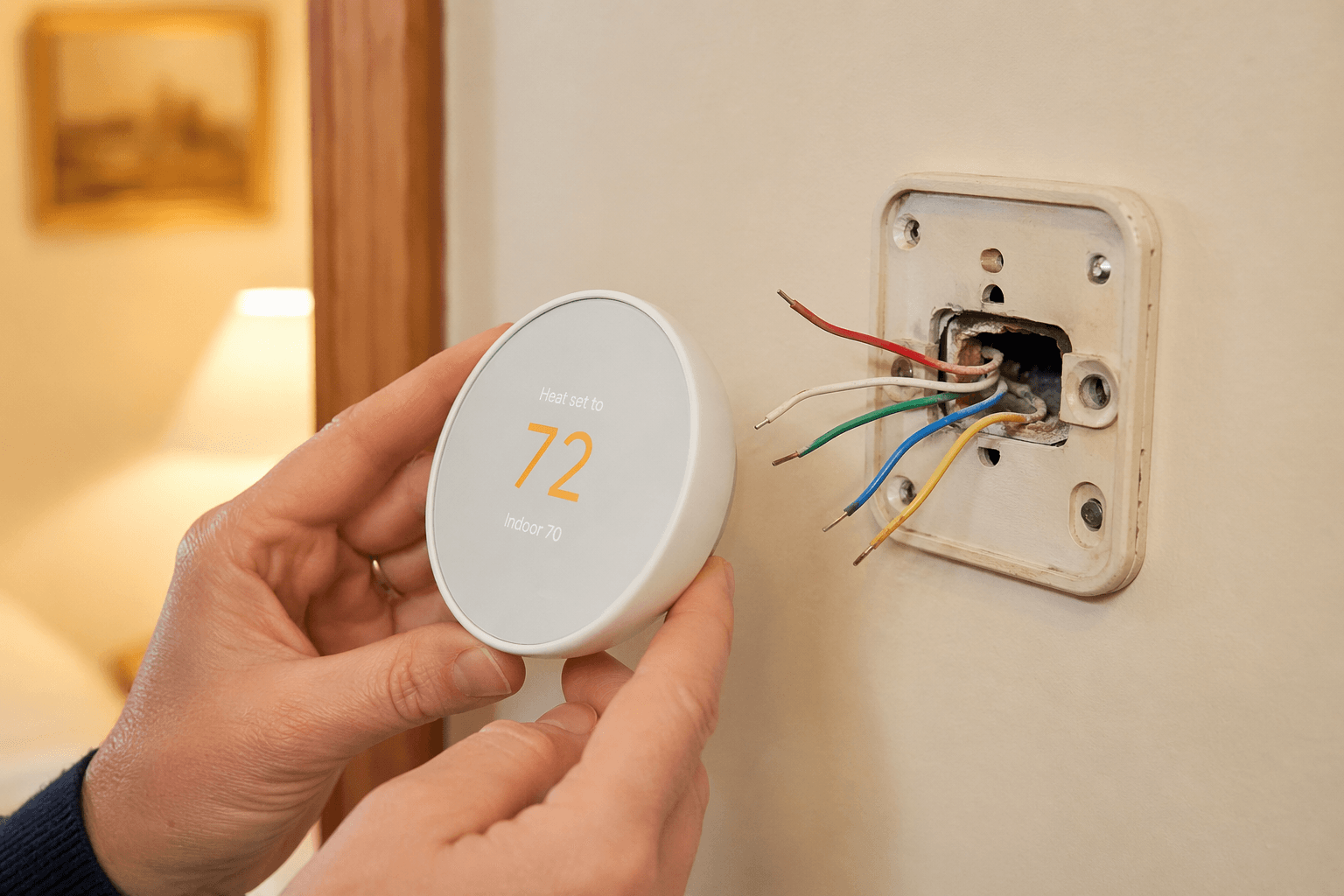 Hands holding a smart thermostat near an old wall backplate with exposed low-voltage thermostat wires