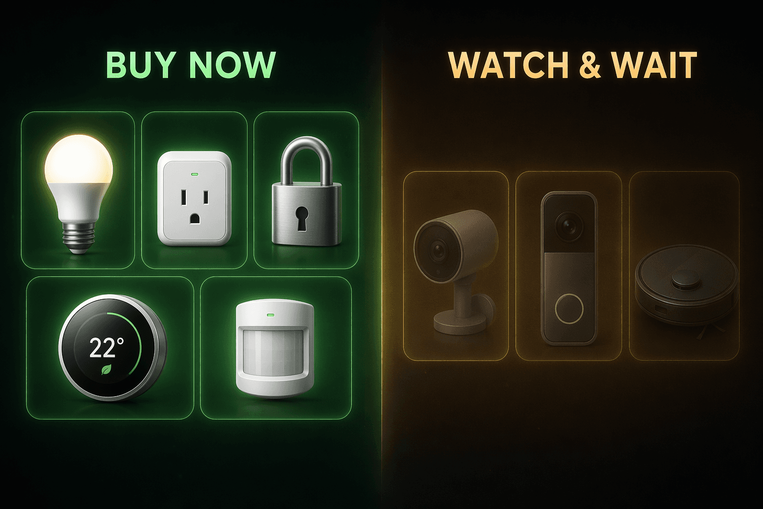 Split graphic dividing Matter device categories into buy now and watch and wait
