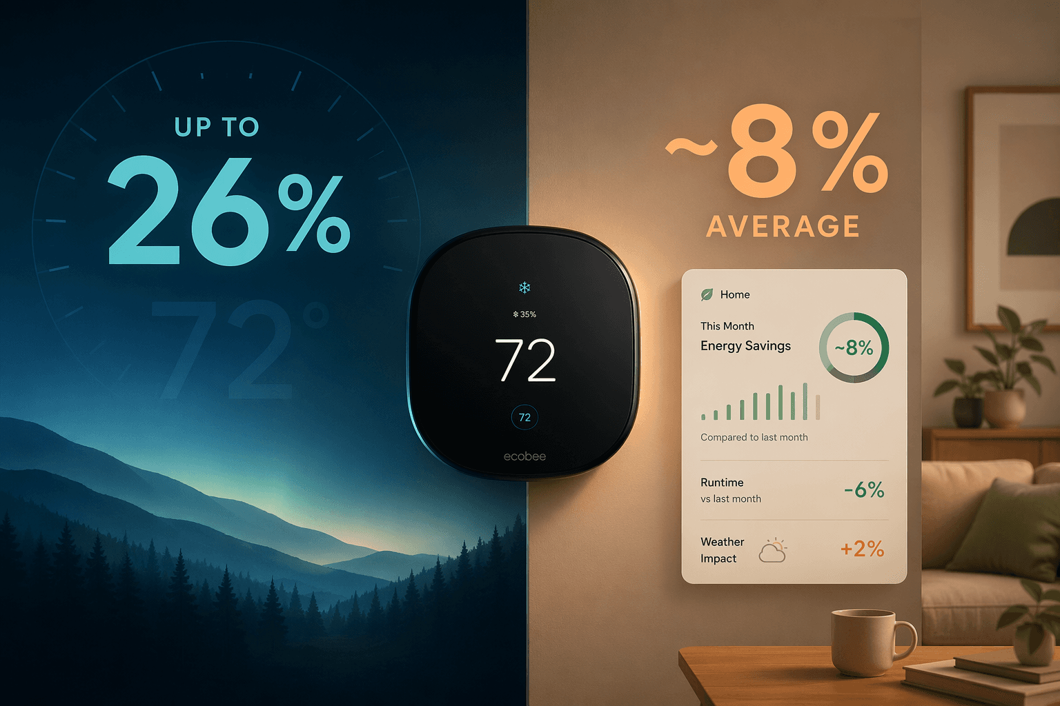 Split visual comparing ecobee's up to 26% savings claim with an approximately 8% average savings baseline