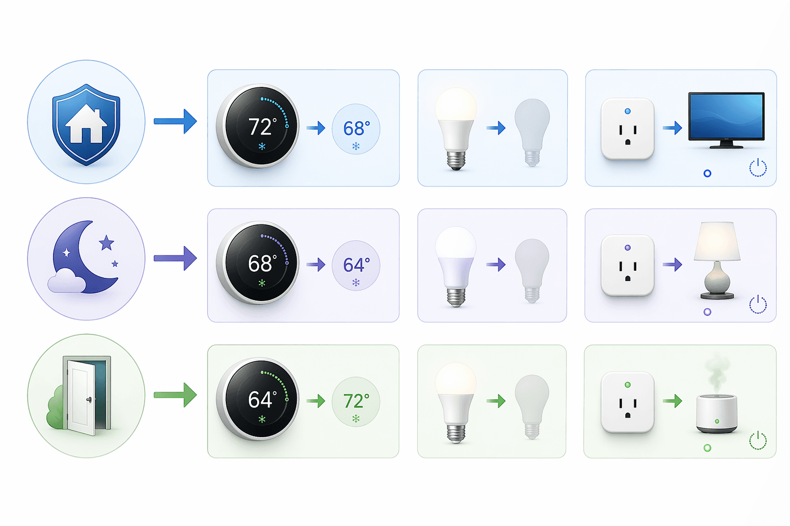 Infographic showing Armed Away, Sleep, and Return security states triggering thermostat, lighting, and plug-load actions