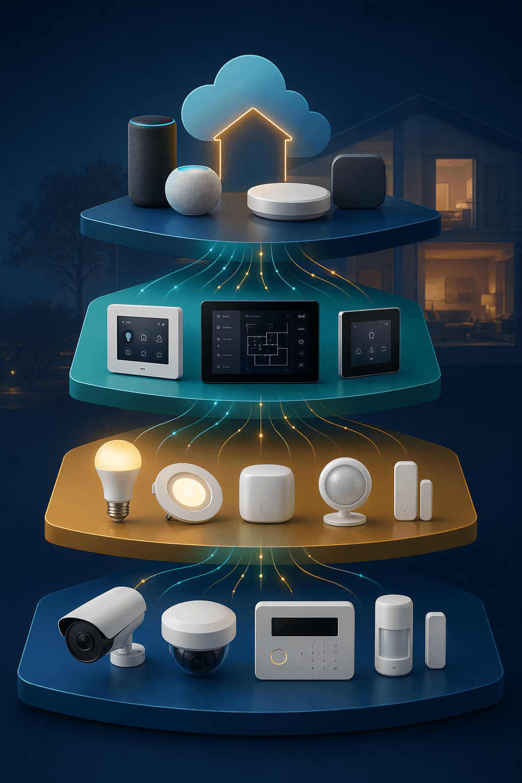 Four layered smart home company tiers with platform hubs, professional control panels, standalone devices, and security systems
