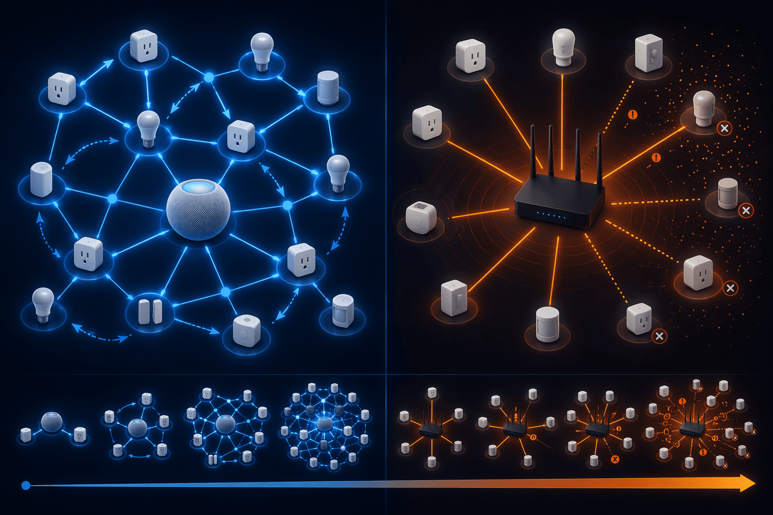 Illustration comparing a Thread mesh network with a Wi-Fi smart home network under device density