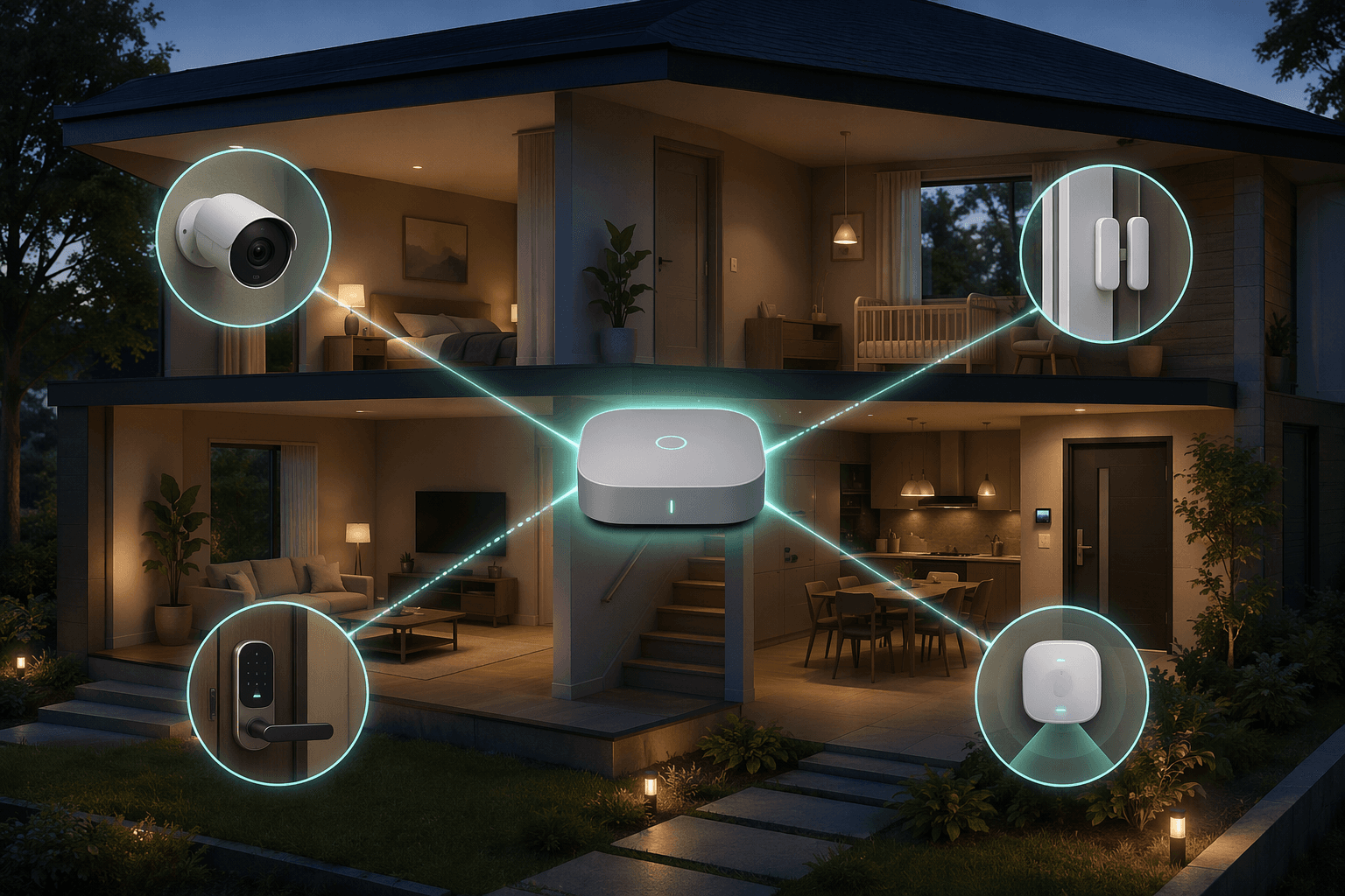 Modern home security devices connected to a local hub for interoperable control