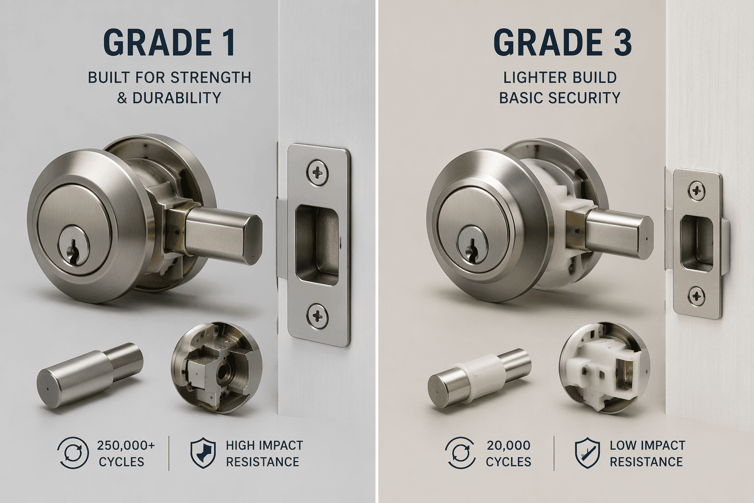 Grade 1 and Grade 3 deadbolt locks compared side by side