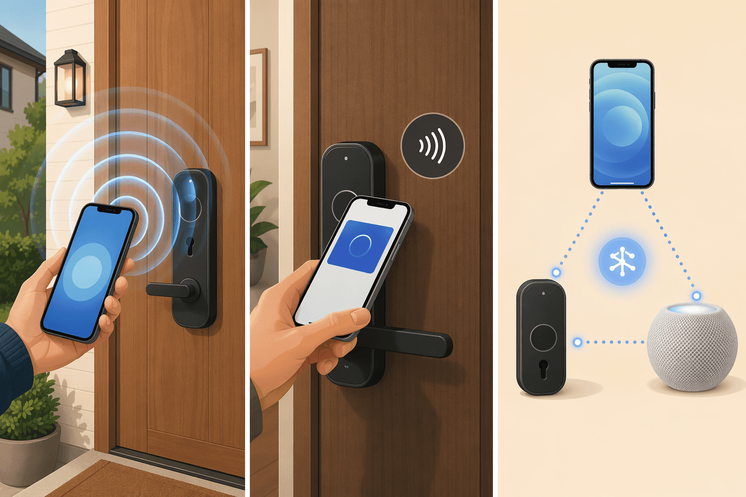 Comparison of UWB hands-free unlocking, NFC tap-to-unlock, and Matter-over-Thread setup with an iPhone and HomePod mini