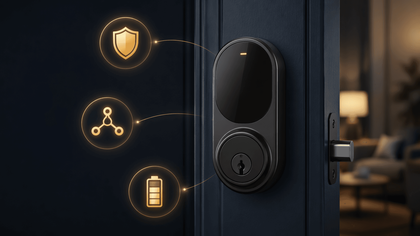 Smart deadbolt surrounded by security, connectivity, and battery priority icons