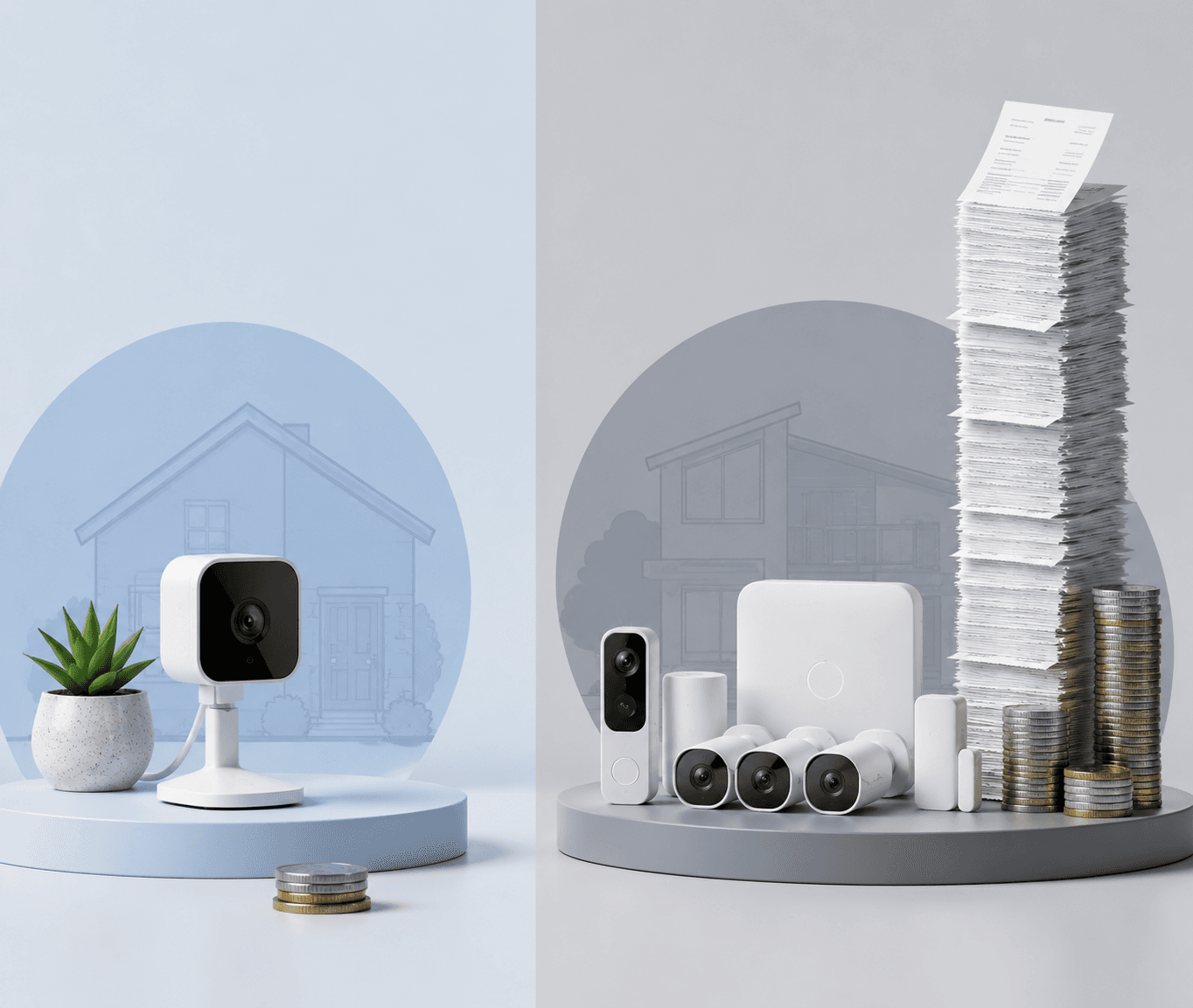 Side-by-side comparison of a low-cost DIY security camera and a higher-cost multi-device system with subscription receipts