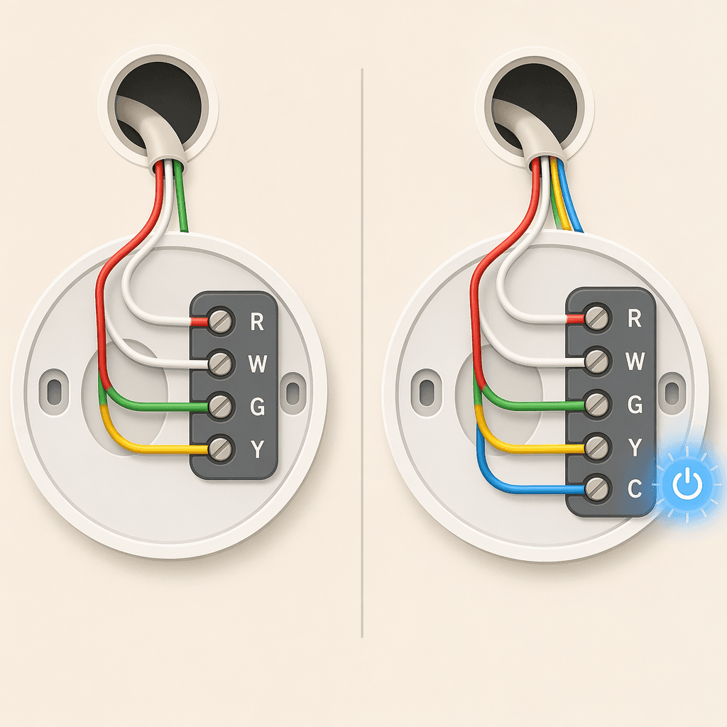 Comparison of four-wire and five-wire thermostat setups with labeled terminals