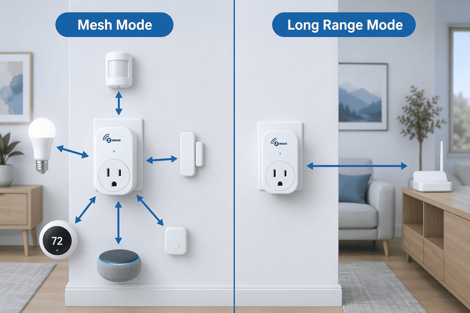 Diagram comparing Z-Wave mesh mode repeating with Long Range mode direct hub connection