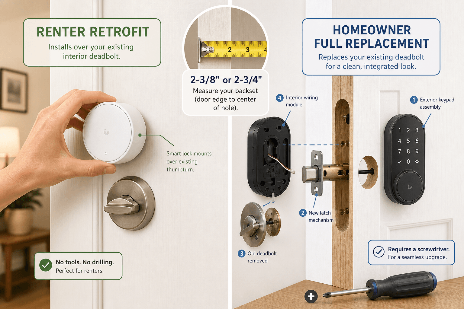Split-screen illustration of a door showing two smart lock installation paths: renter retrofit on the left with a hand placing a round smart lock over the existing thumbturn (no tools), and full deadbolt replacement on the right showing removed old deadbolt, new latch, exterior keypad, interior wiring, and a screwdriver, with a measuring tape and backset callout at center top.