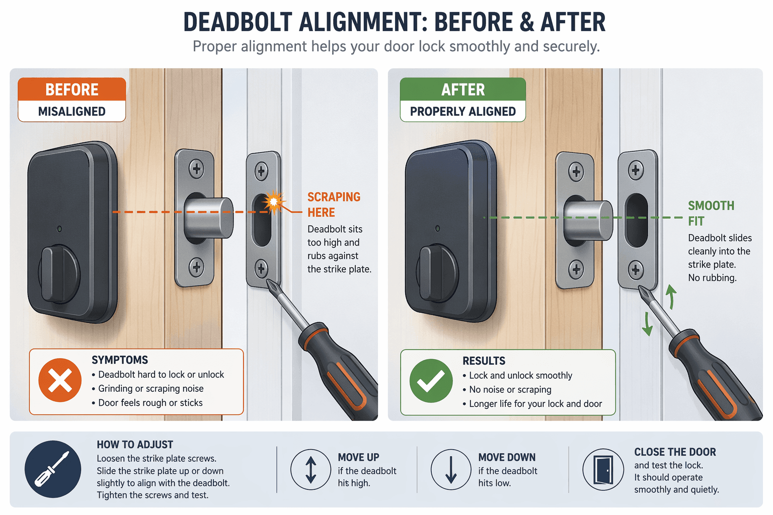Side-view cross-section diagram comparing misaligned and corrected deadbolt alignment. Left side shows the deadbolt scraping against the strike plate edge in orange. Right side shows the deadbolt sliding cleanly into the strike plate after adjustment, with a screwdriver near the strike plate screws.