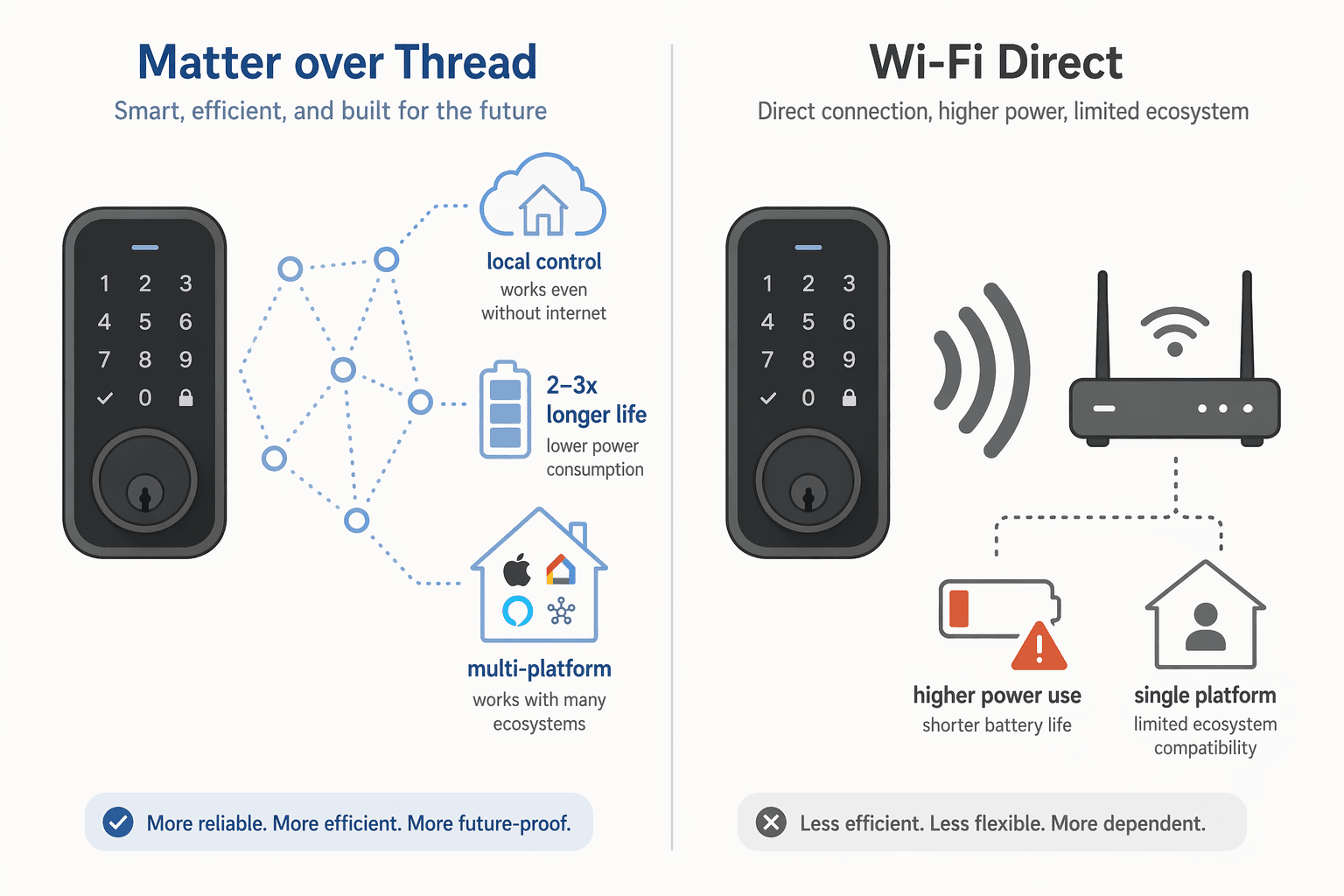 Side-by-side illustration: left lock connected via node dots to a local control house with a 2-3x longer battery life badge; right lock connected via a wave to a router symbol with a low-battery warning and single-platform icon.