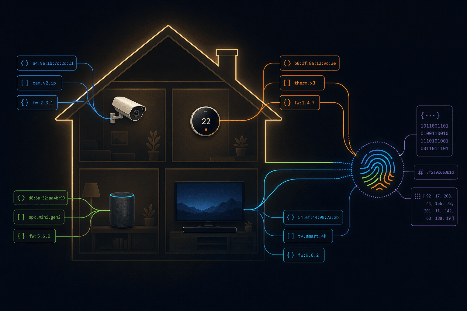 A house outline with IoT devices inside including a camera, thermostat, smart speaker, and TV, each emitting signal lines labeled with data attributes like MAC address, device type, firmware version, and network name, converging outside the house into a fingerprint icon against a dark background.