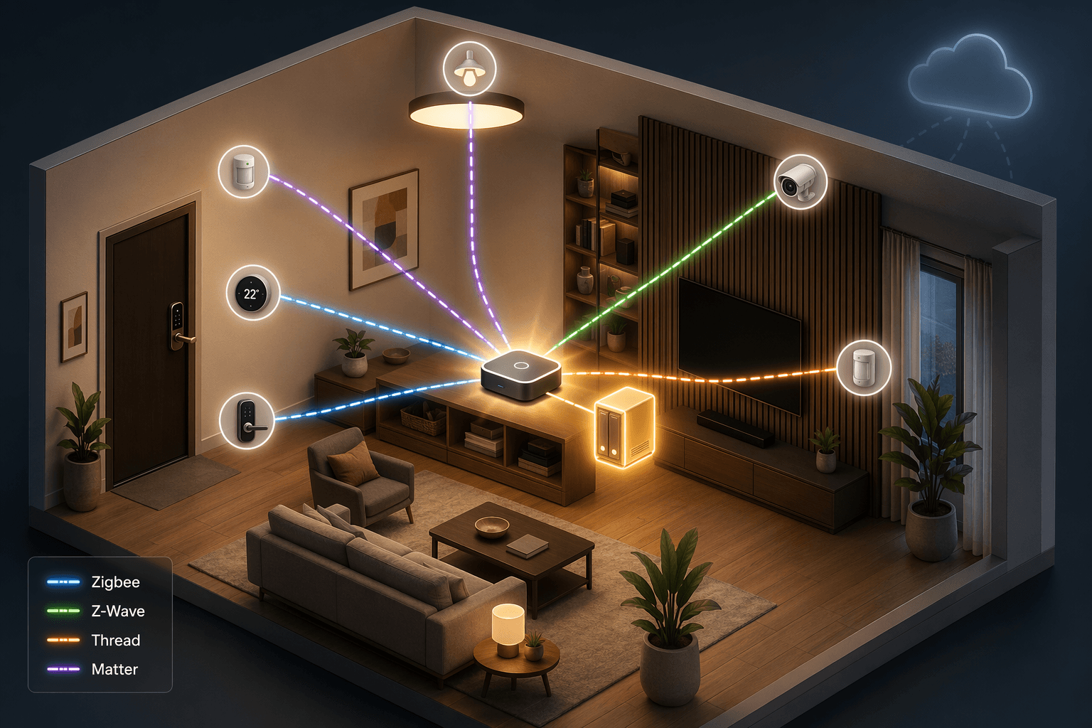Isometric cutaway of a living room with a glowing central hub radiating colored protocol lines to connected smart home devices.